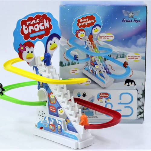 3 Penguin Slide Toy Set, Funny Automatic Stair - Climbing Penguin Cartoon Race Track Set Little Lovely Penguins Slide Toy Escalator Toy with Lights and Music